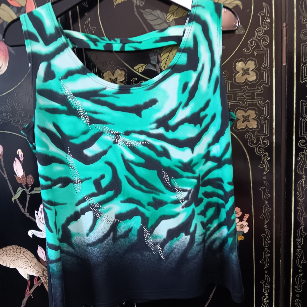 Picadilly Fashion Teal and Black Zebra-Print Tank